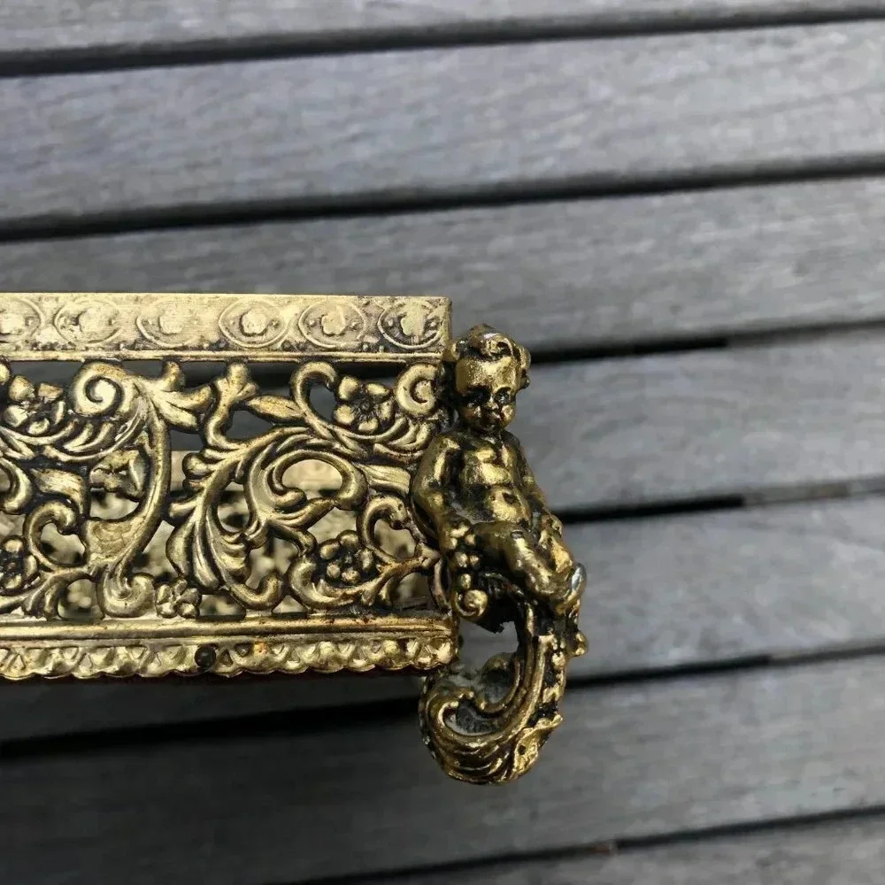 Hollywood Regency Gold Metal Cherub Filagree Tissue Holder